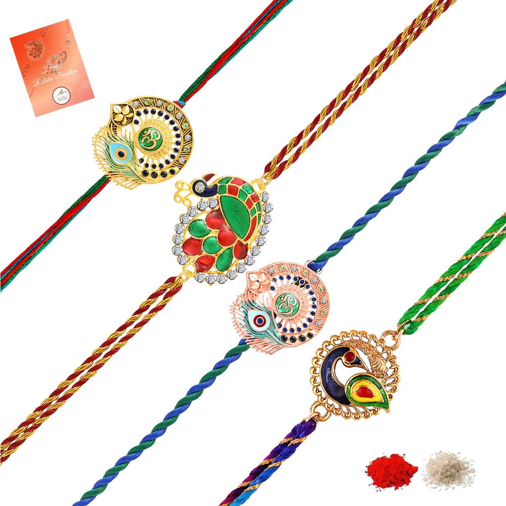Mahi Om & Peacock-Feather-Theme Rakhi Combo Set of 4 | Rakhi with Evil Eye Charm on Braided Threads (RCO1105836M)