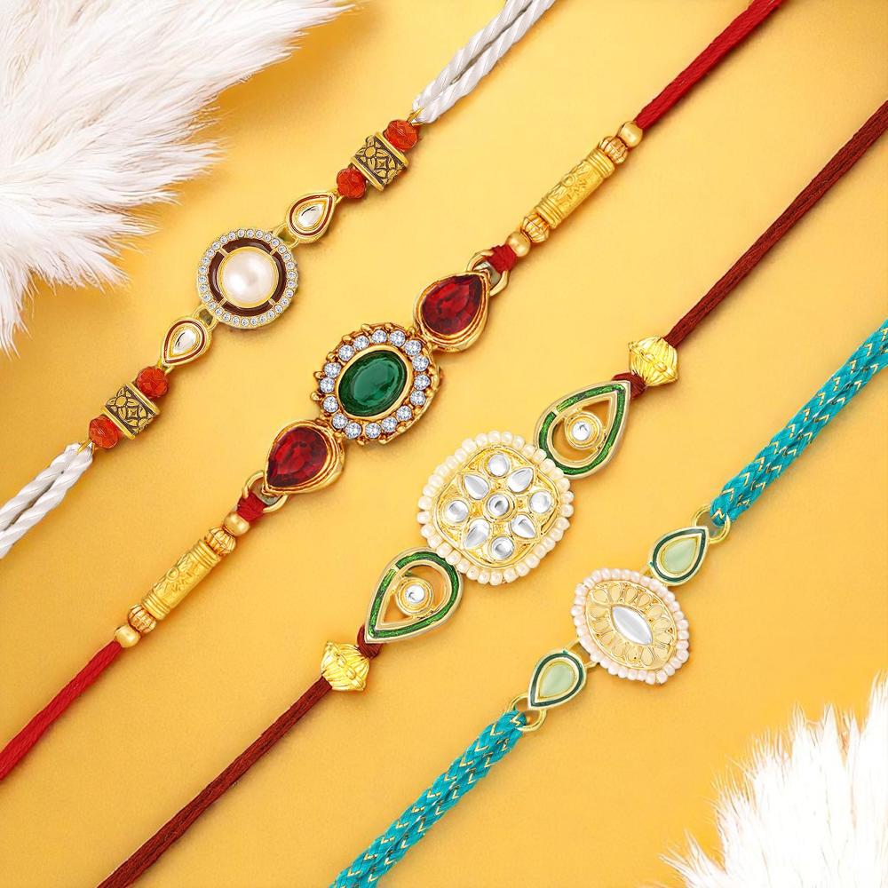 Mahi Trendy Rakhi Combo Set of 4 for Brother | Traditional Theme, Crystals and Artificial Pearl Rakhis (RCO1105837G)