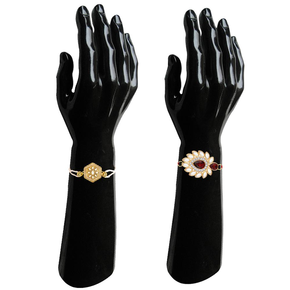 Mahi Premium Rakhi Combo Set of 2 for Brother | Crystals & Artificial Antique Finish Rakhis with Red Stone (RCO1105838G)