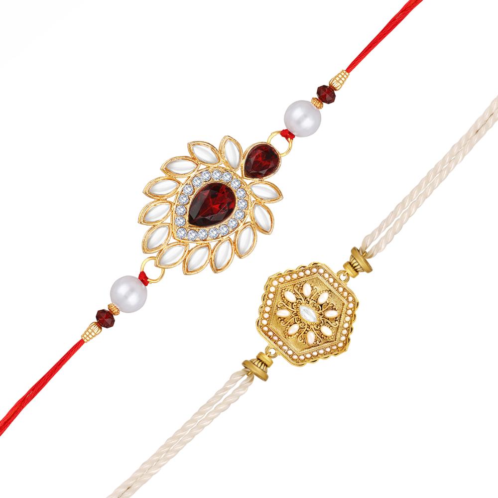 Mahi Premium Rakhi Combo Set of 2 for Brother | Crystals & Artificial Antique Finish Rakhis with Red Stone (RCO1105838G)