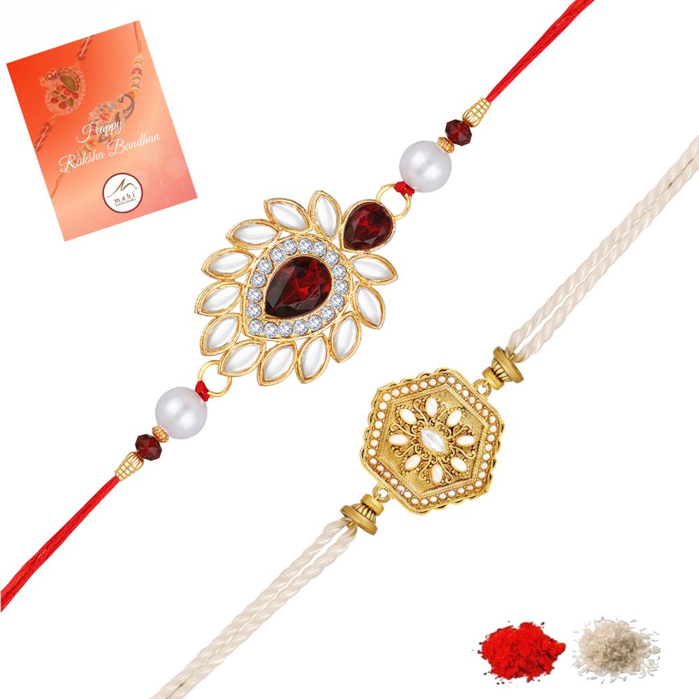 Mahi Premium Rakhi Combo Set of 2 for Brother | Crystals & Artificial Antique Finish Rakhis with Red Stone (RCO1105838G)