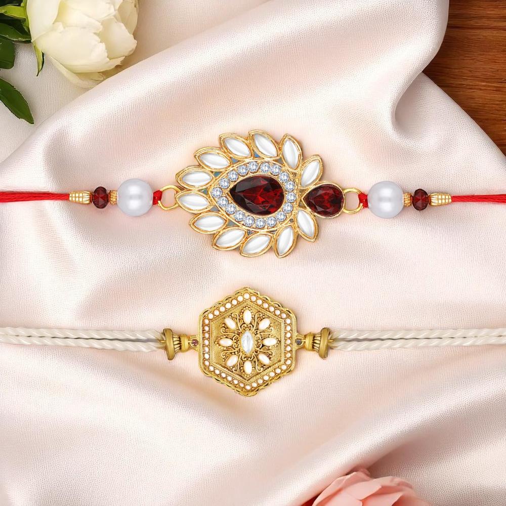 Mahi Premium Rakhi Combo Set of 2 for Brother | Crystals & Artificial Antique Finish Rakhis with Red Stone (RCO1105838G)