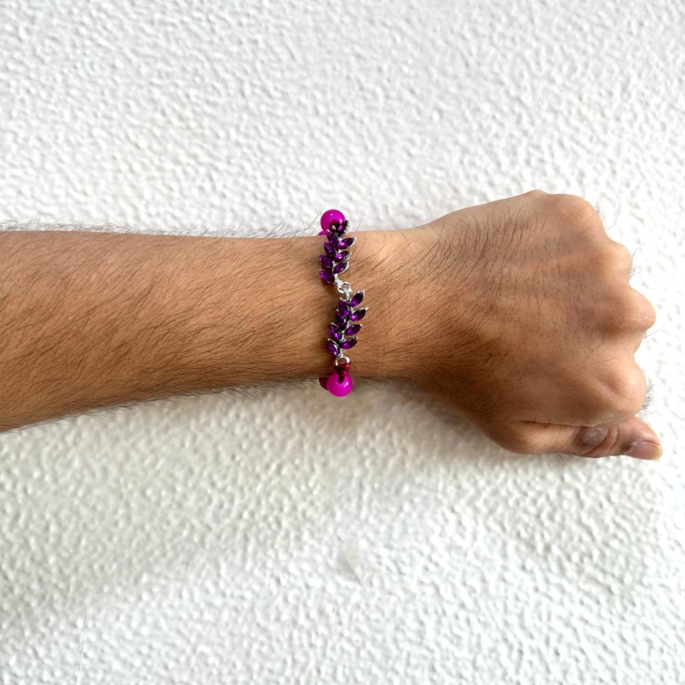 Mahi Magenta Stone Rakhi Combo Set of 2 for Brother | Elegant Purple Beaded & Crystal Leaf Rakhis in Silver Finish (RCO1105840R)