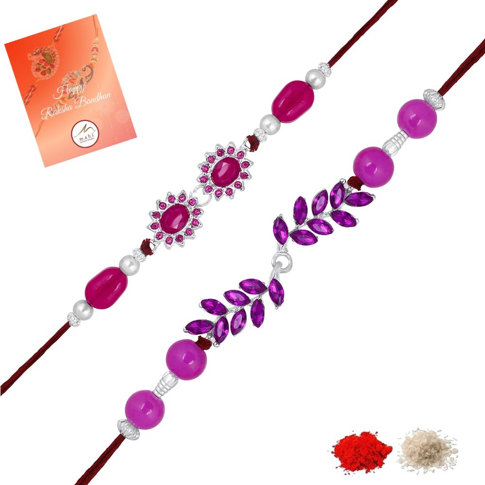 Mahi Magenta Stone Rakhi Combo Set of 2 for Brother | Elegant Purple Beaded & Crystal Leaf Rakhis in Silver Finish (RCO1105840R)
