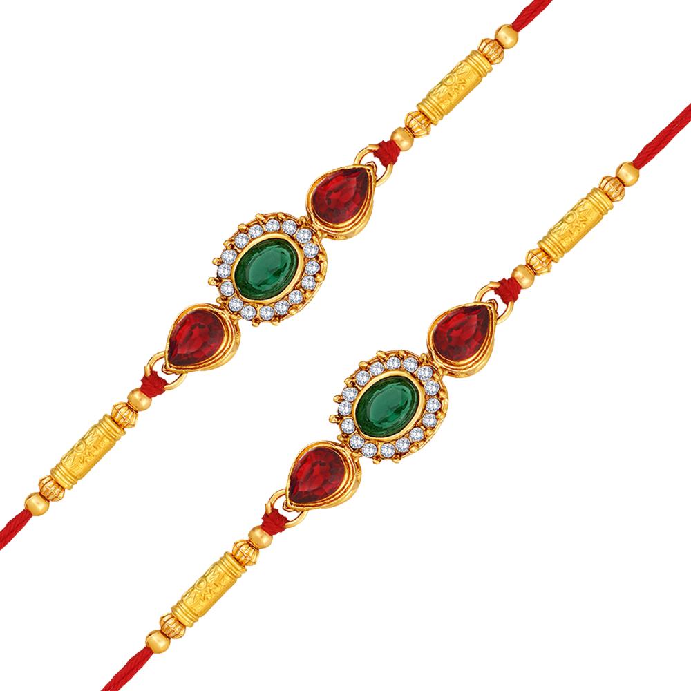 Mahi Royal Rakhi Combo Set of 2 for Brother | Red & Green Studded Crystals Rakhis with Golden Finish (RCO1105841G)