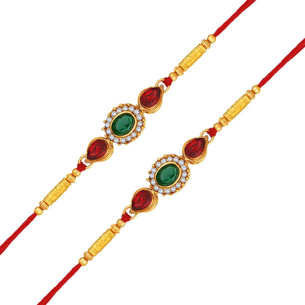 Mahi Royal Rakhi Combo Set of 2 for Brother | Red & Green Studded Crystals Rakhis with Golden Finish (RCO1105841G)