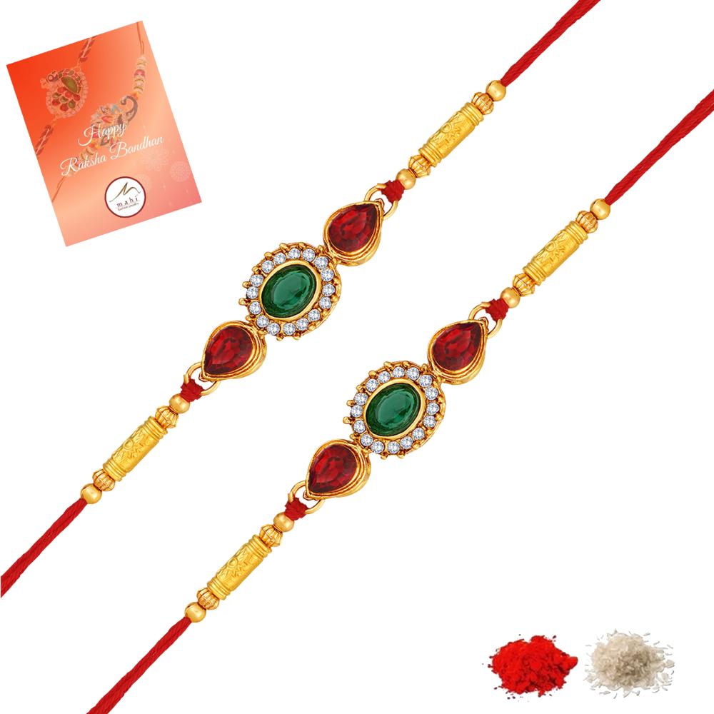 Mahi Royal Rakhi Combo Set of 2 for Brother | Red & Green Studded Crystals Rakhis with Golden Finish (RCO1105841G)