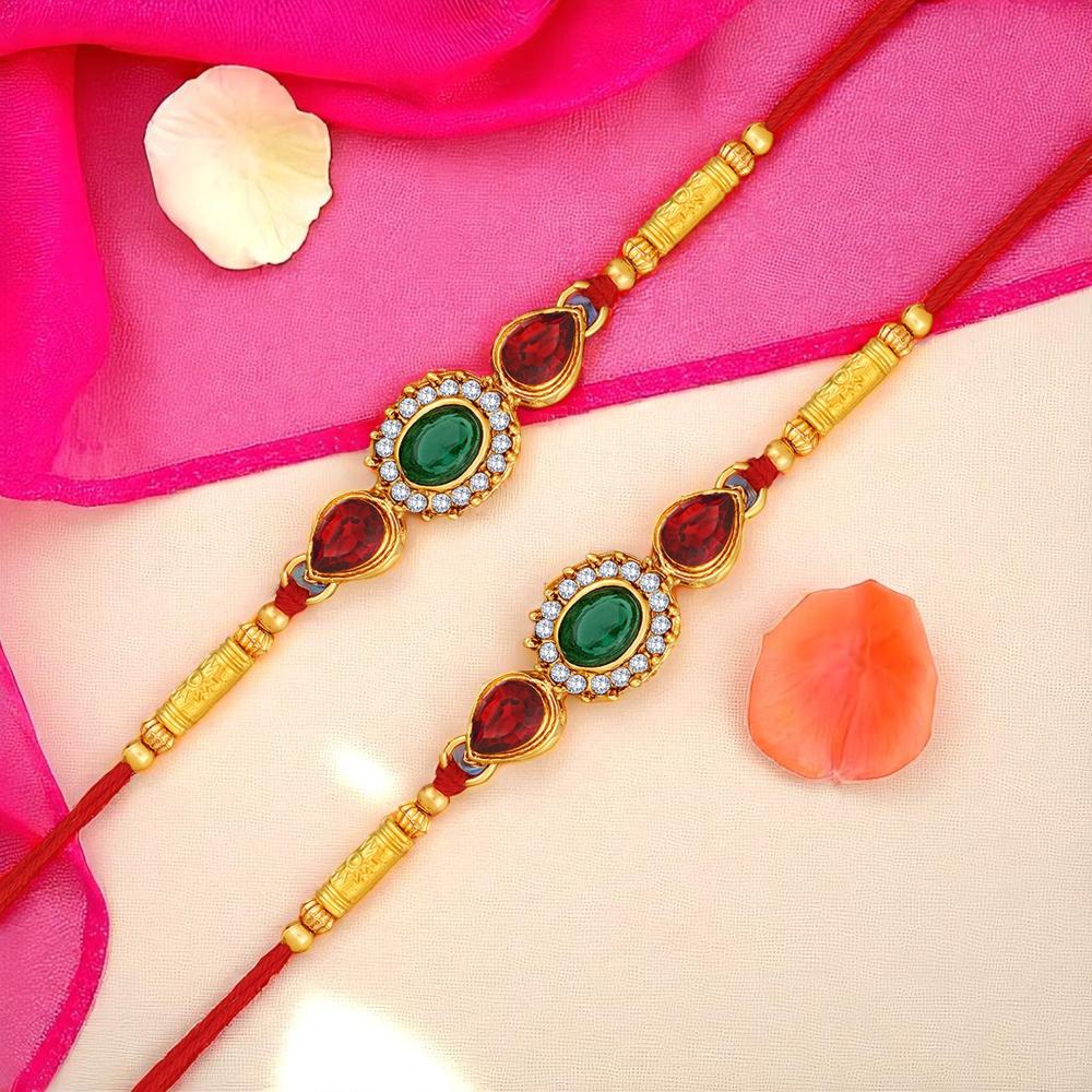 Mahi Royal Rakhi Combo Set of 2 for Brother | Red & Green Studded Crystals Rakhis with Golden Finish (RCO1105841G)