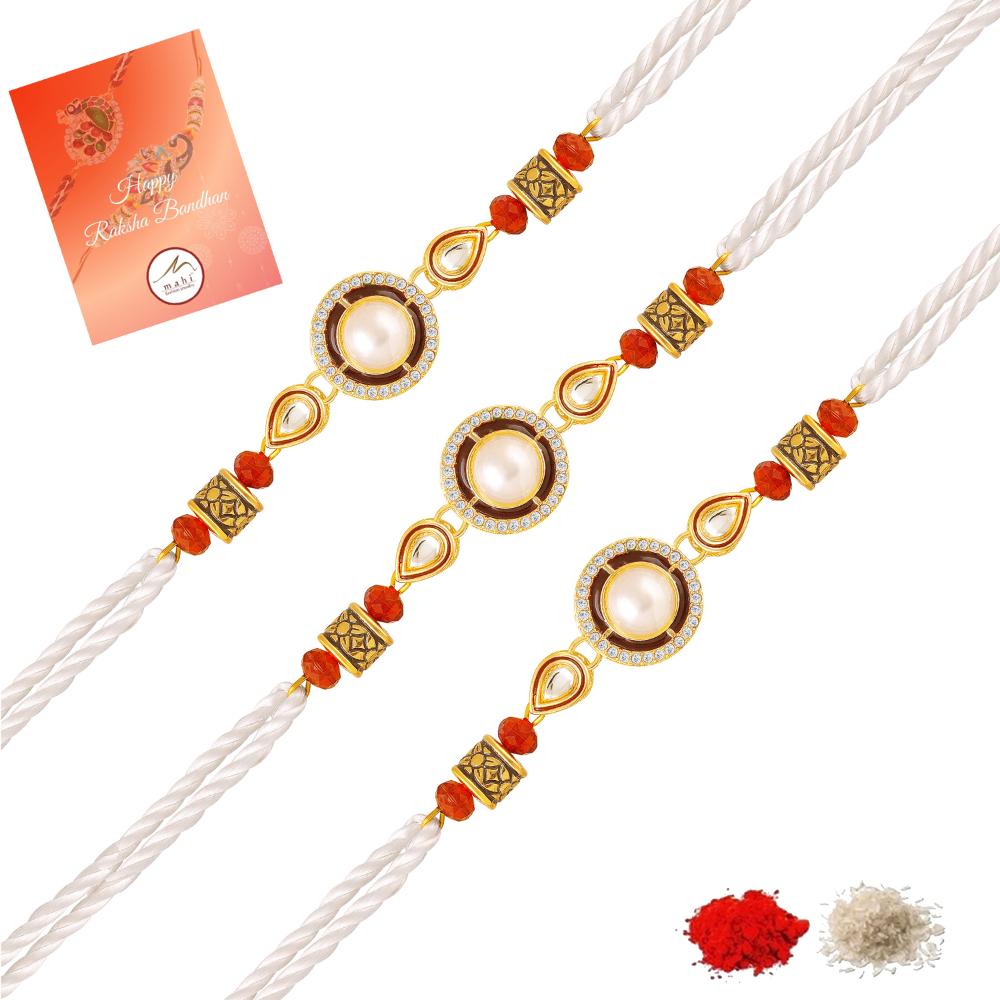 Mahi Combo of 3 Classic Fancy Rakhis with Artificial Pearl and Crystals for Bhaiya (RCO1105842G)