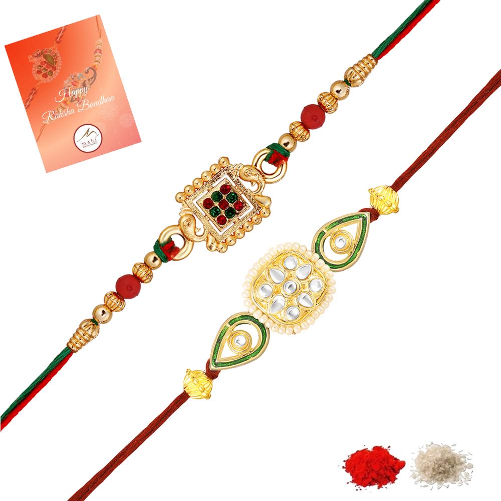 Mahi Traditional Rakhi Combo Set of 2 for Brother | Antique Gold Ganpati Face and Meena Enamel (RCO1105844G)