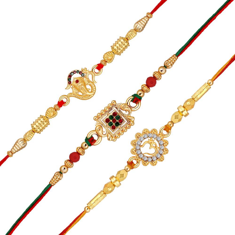 Mahi Divine Rakhi Combo Set of 3 Ganesha, Om, and Traditional Rakhis for Brother (RCO1105847G)