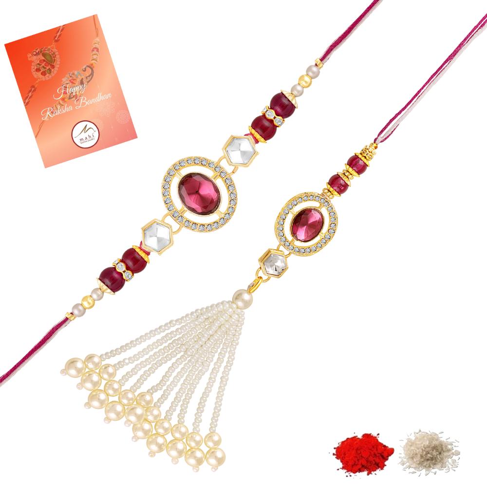 Mahi Elegant Kundan Couple Rakhi Set with Pearl Tassels for Bhaiya and Bhabhi (RCOL1105848G)