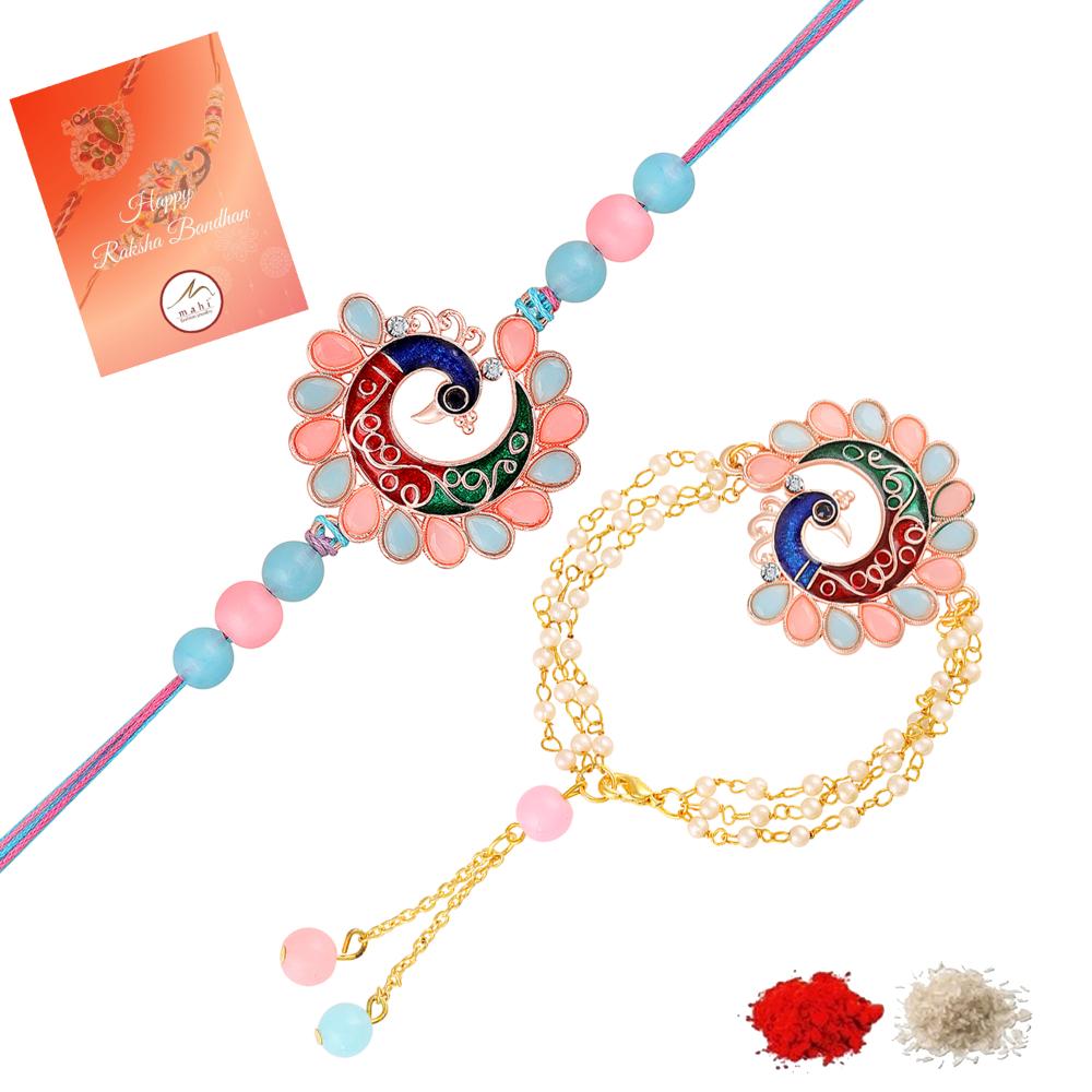 Mahi Colorful Peacock-Themed Couple Rakhi Set | Bhaiya Bhabhi Rakhi with Enamel Work & Artificial Pearl Chain Bracelet (RCOL1105854G)