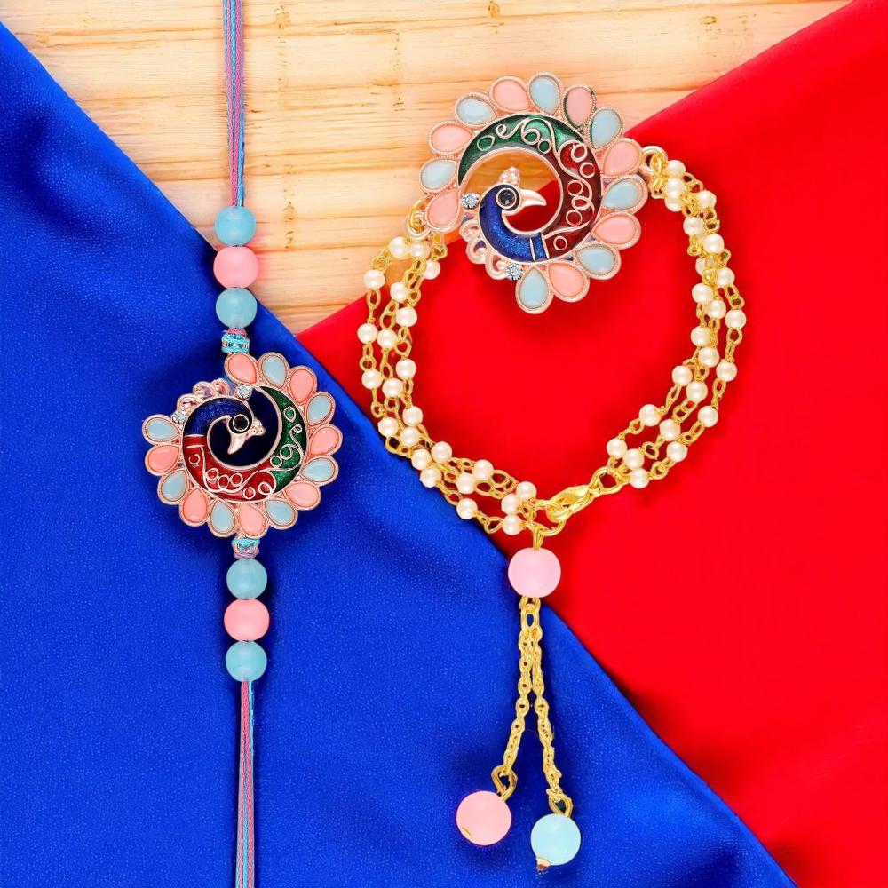 Mahi Colorful Peacock-Themed Couple Rakhi Set | Bhaiya Bhabhi Rakhi with Enamel Work & Artificial Pearl Chain Bracelet (RCOL1105854G)