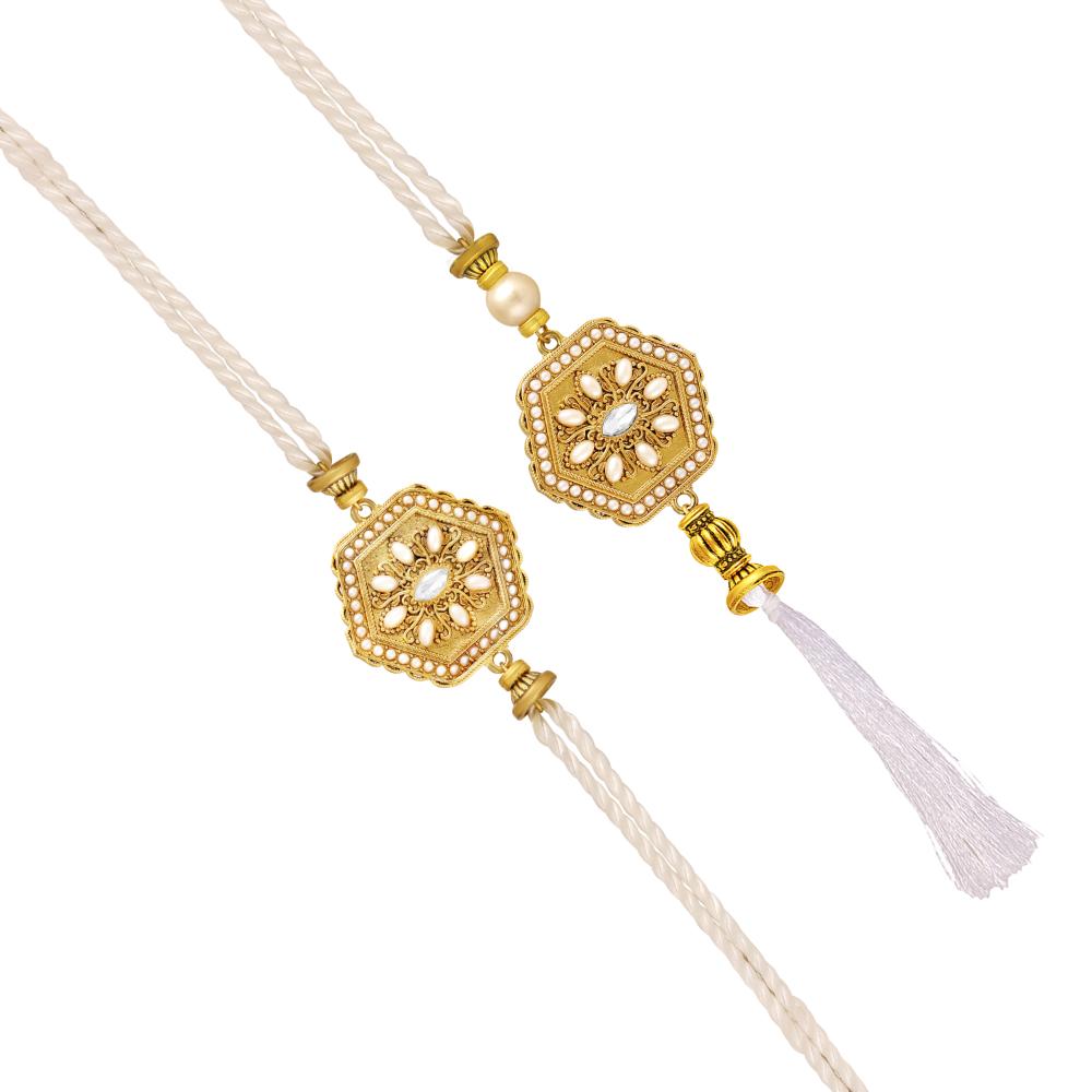 Mahi Royal White & Gold Couple Rakhi Set | Bhaiya Bhabhi Rakhi with Artificial Pearl Accents & Tassel Lumba (RCOL1105857G)