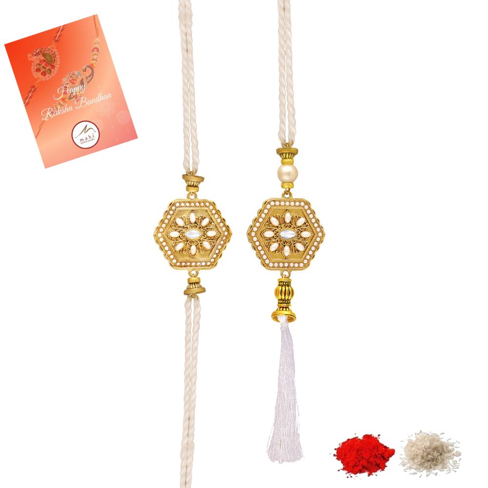 Mahi Royal White & Gold Couple Rakhi Set | Bhaiya Bhabhi Rakhi with Artificial Pearl Accents & Tassel Lumba (RCOL1105857G)
