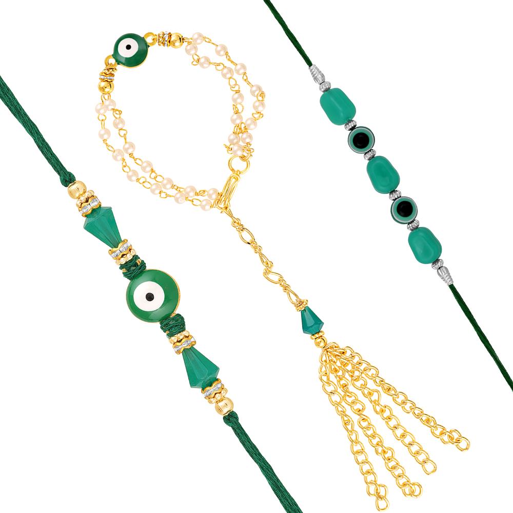 Mahi Combo of Evil Eye Rakhi Set for Bhaiya Bhabhi and Bhatija With Artificial Beads | Family Rakhi Set (RCOLB1105855M)