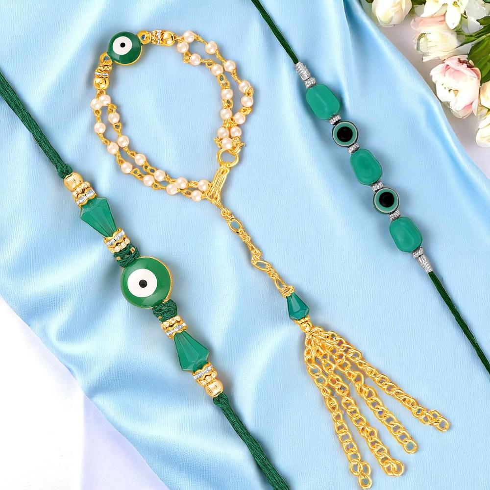 Mahi Combo of Evil Eye Rakhi Set for Bhaiya Bhabhi and Bhatija With Artificial Beads | Family Rakhi Set (RCOLB1105855M)