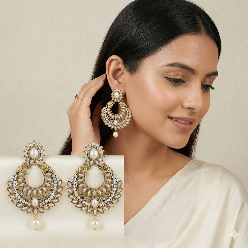 Beavy Pearls Premium Gold Plated Austrian Stone And Beads Dangler Earrings
