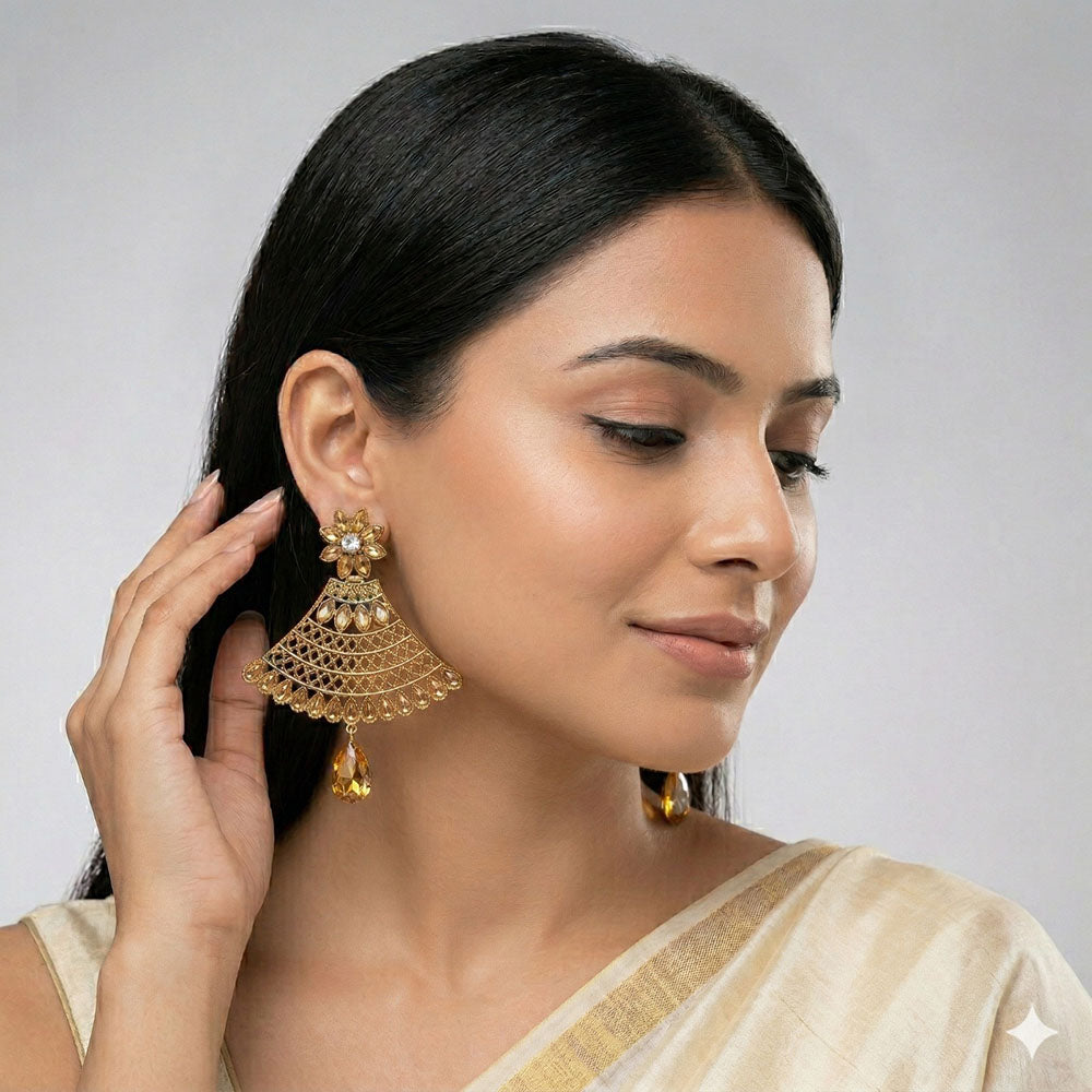 Beavy Pearls Premium Gold Plated Crystal Stone Dangler Earrings