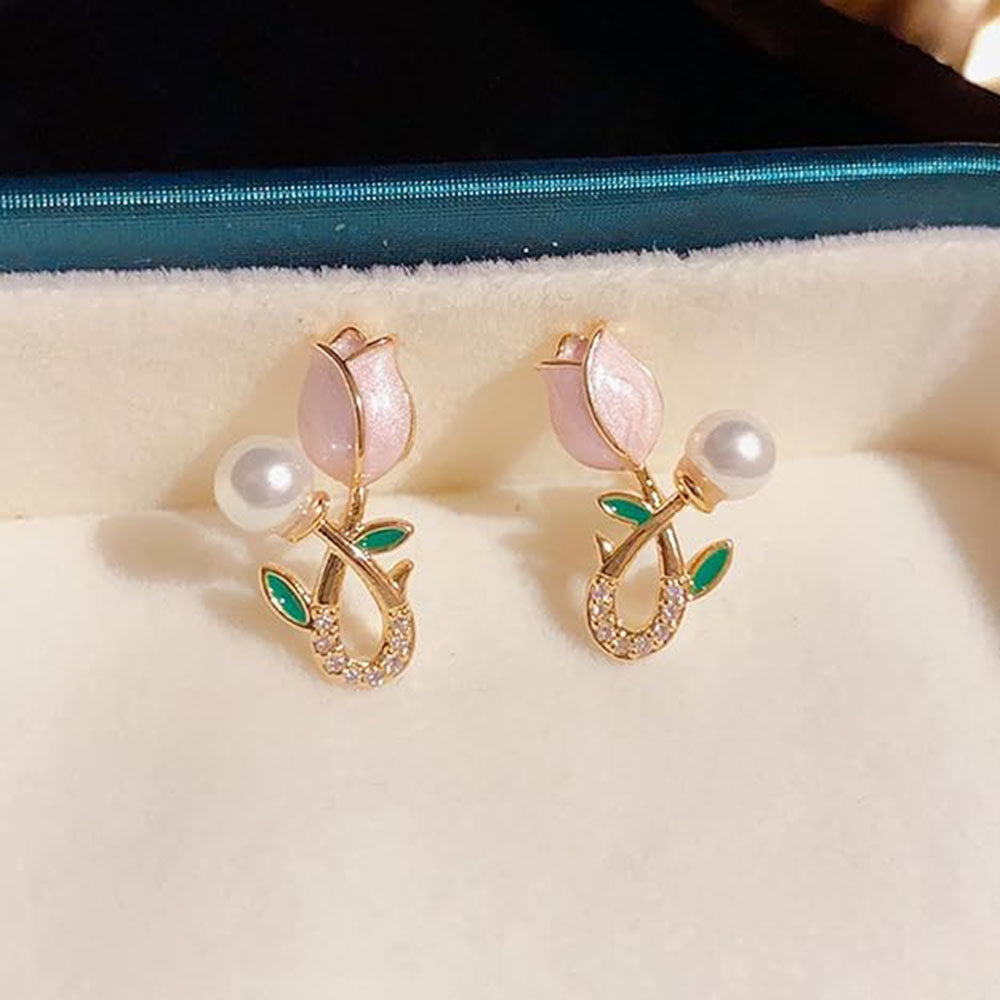 Bevy Pearls Austrian Stone Rose Design Studs Earrings