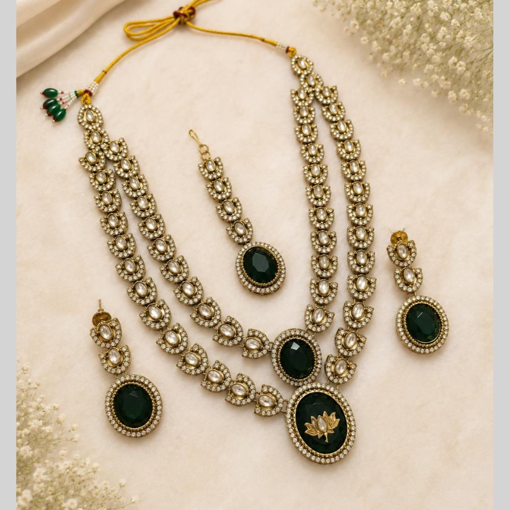 Lalso Double Layer Kundan Bridal Necklace earring maangtikka Jewellery Set with Green Stones for wedding festival - SM-NK501-GR