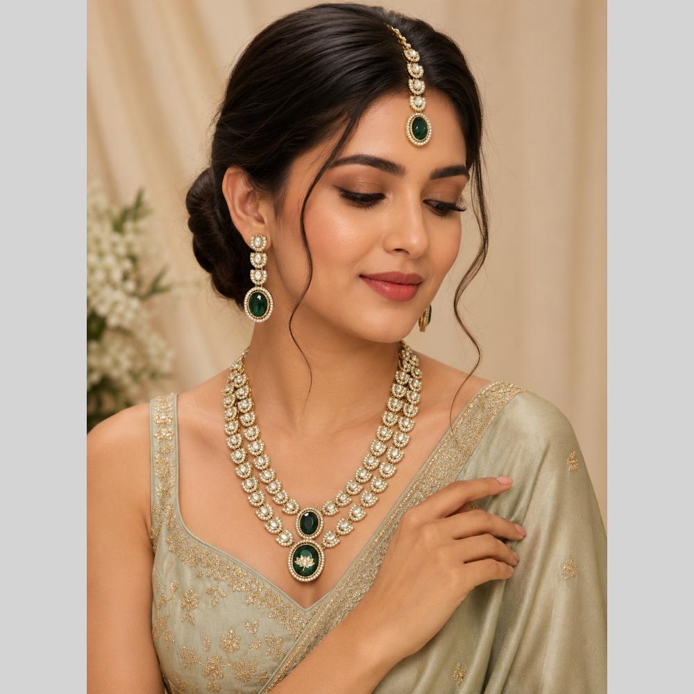 Lalso Double Layer Kundan Bridal Necklace earring maangtikka Jewellery Set with Green Stones for wedding festival - SM-NK501-GR