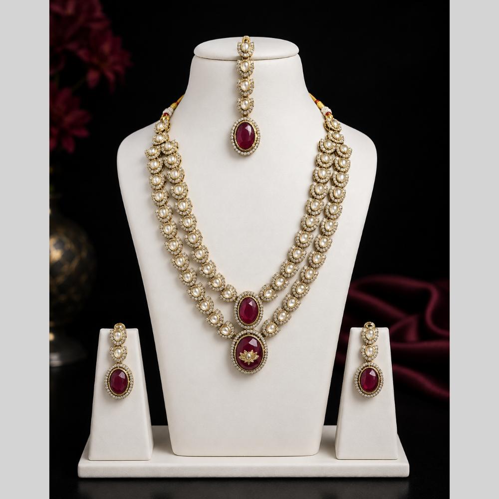 Lalso Double layer Kundan Bridal Necklace earring maangtikka Jewellery Set with Maroon Stones for wedding festival - SM-NK501-MR