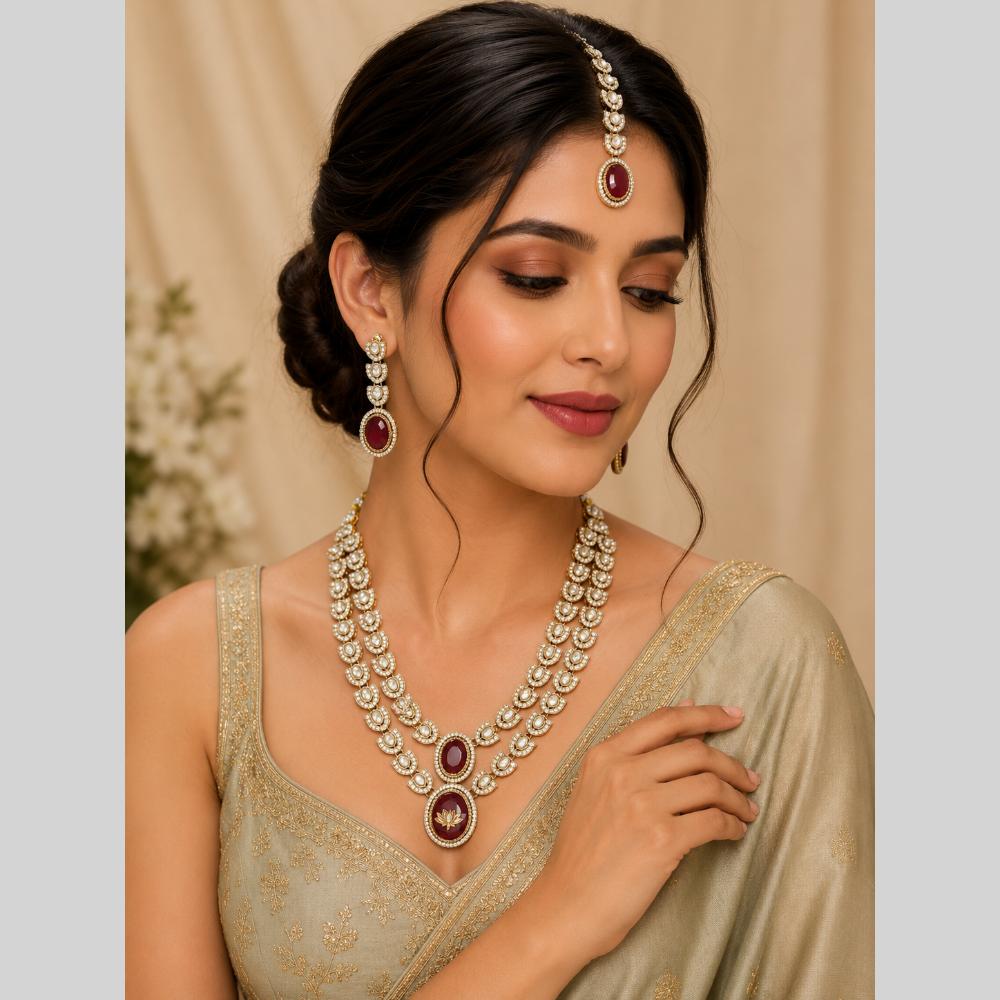 Lalso Double layer Kundan Bridal Necklace earring maangtikka Jewellery Set with Maroon Stones for wedding festival - SM-NK501-MR