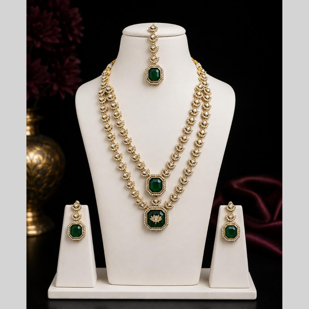 Lalso Double Layer Kundan Bridal Necklace earring maangtikka Jewellery Set with Green Stones for wedding festival - SM-NK502-GR