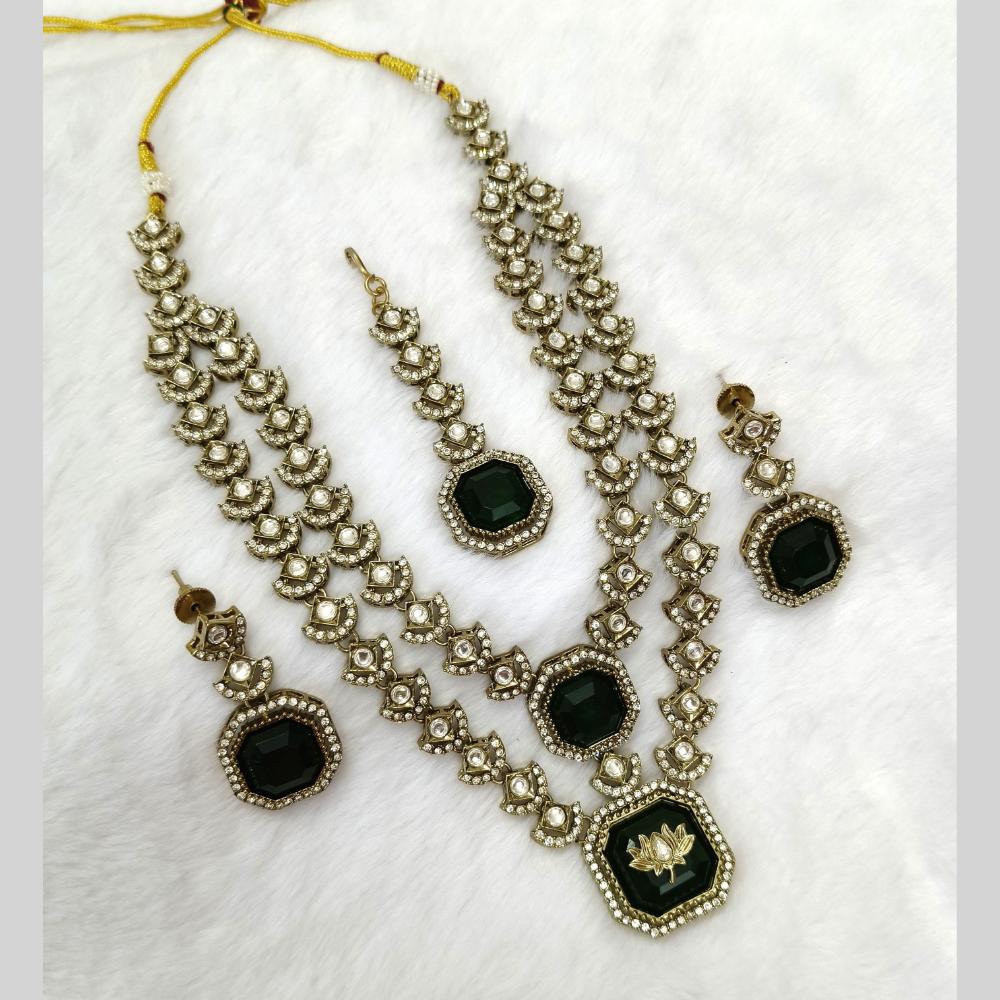 Lalso Double Layer Kundan Bridal Necklace earring maangtikka Jewellery Set with Green Stones for wedding festival - SM-NK502-GR