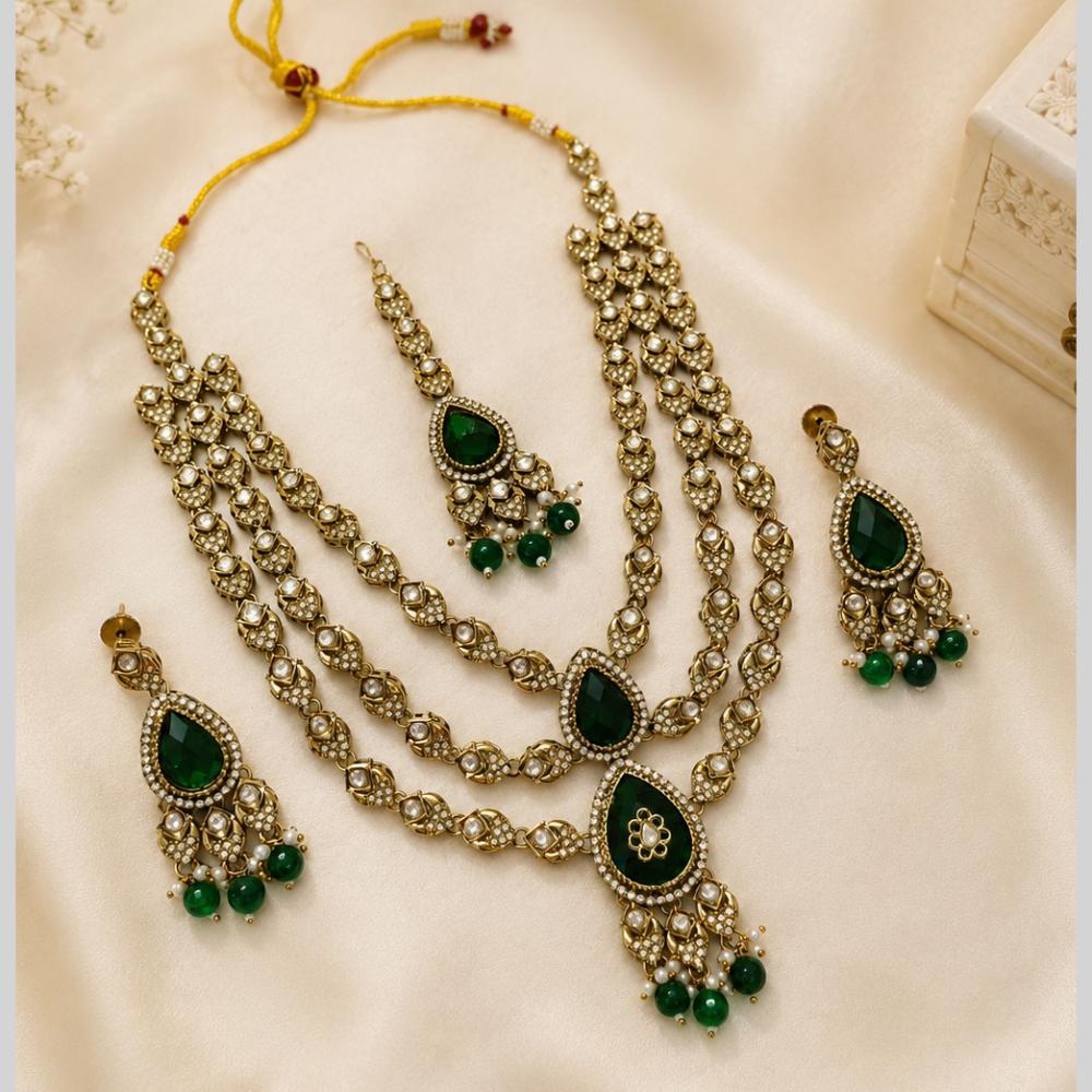 Lalso Tripple Layer Kundan Bridal Necklace earring maangtikka Jewellery Set with Green Stones for wedding festival - SM-NK503-GR