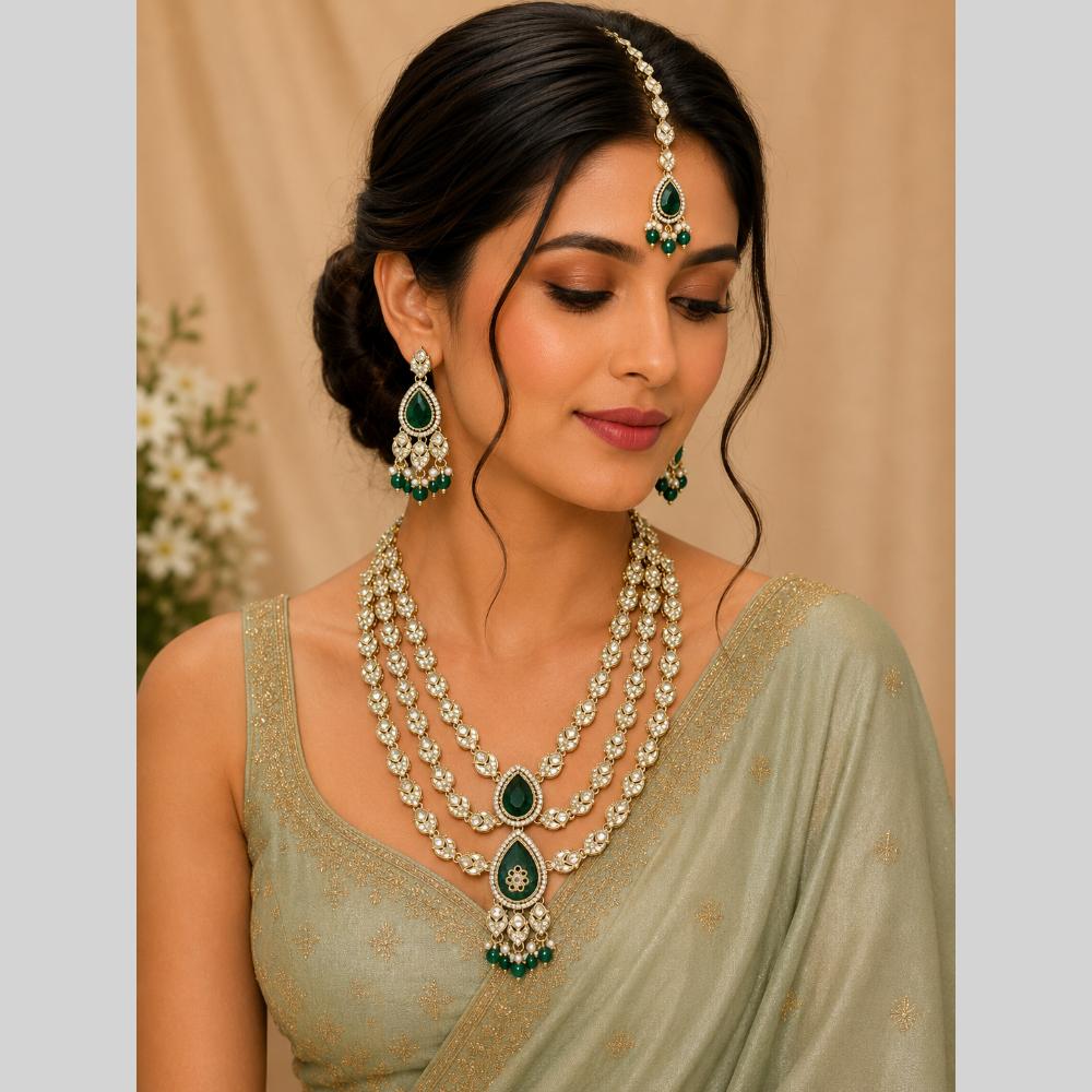 Lalso Tripple Layer Kundan Bridal Necklace earring maangtikka Jewellery Set with Green Stones for wedding festival - SM-NK503-GR