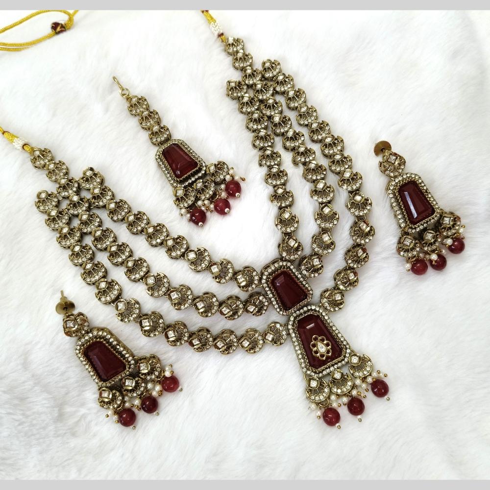 Lalso Tripple Layer Kundan Bridal Necklace earring maangtikka Jewellery Set with Maroon Stones for wedding festival - SM-NK504-MR
