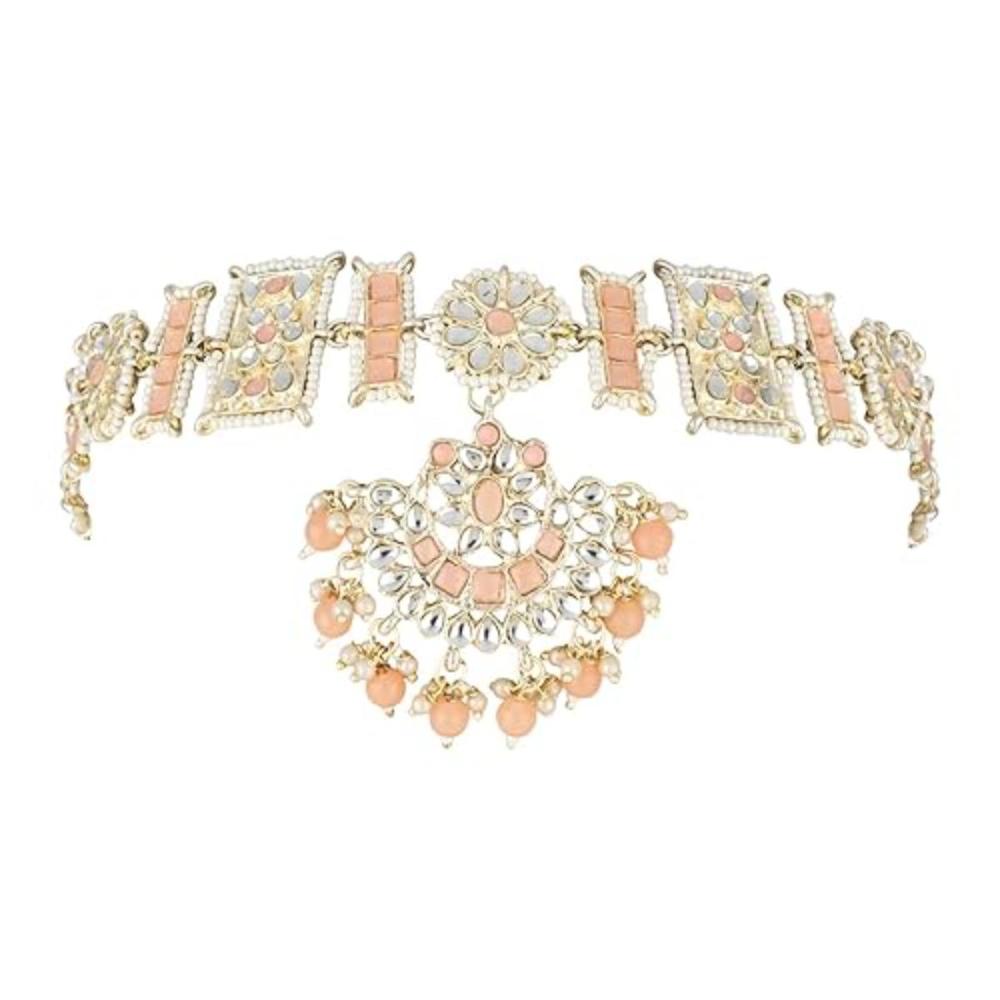 Etnico Gold Plated Floral Kundan & Pearl Sheeshphool/SheeshPatti for Women (T2070Pe)
