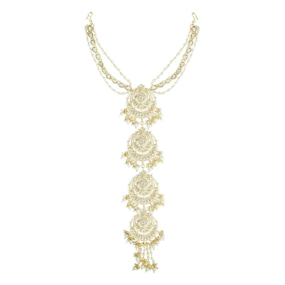 Etnico Gold Plated White Kundan and Pearl Paranda/Hair Braid Pin Choti For Bridal (T2096W)