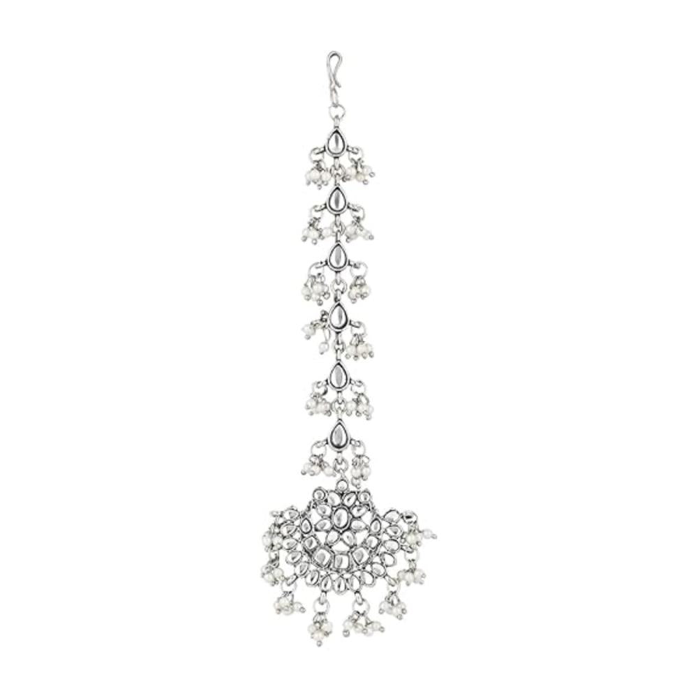 Etnico Silver Oxidised Kundan & Pearls Maang Tikka for women (T2141OX)