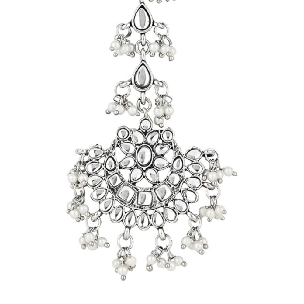 Etnico Silver Oxidised Kundan & Pearls Maang Tikka for women (T2141OX)