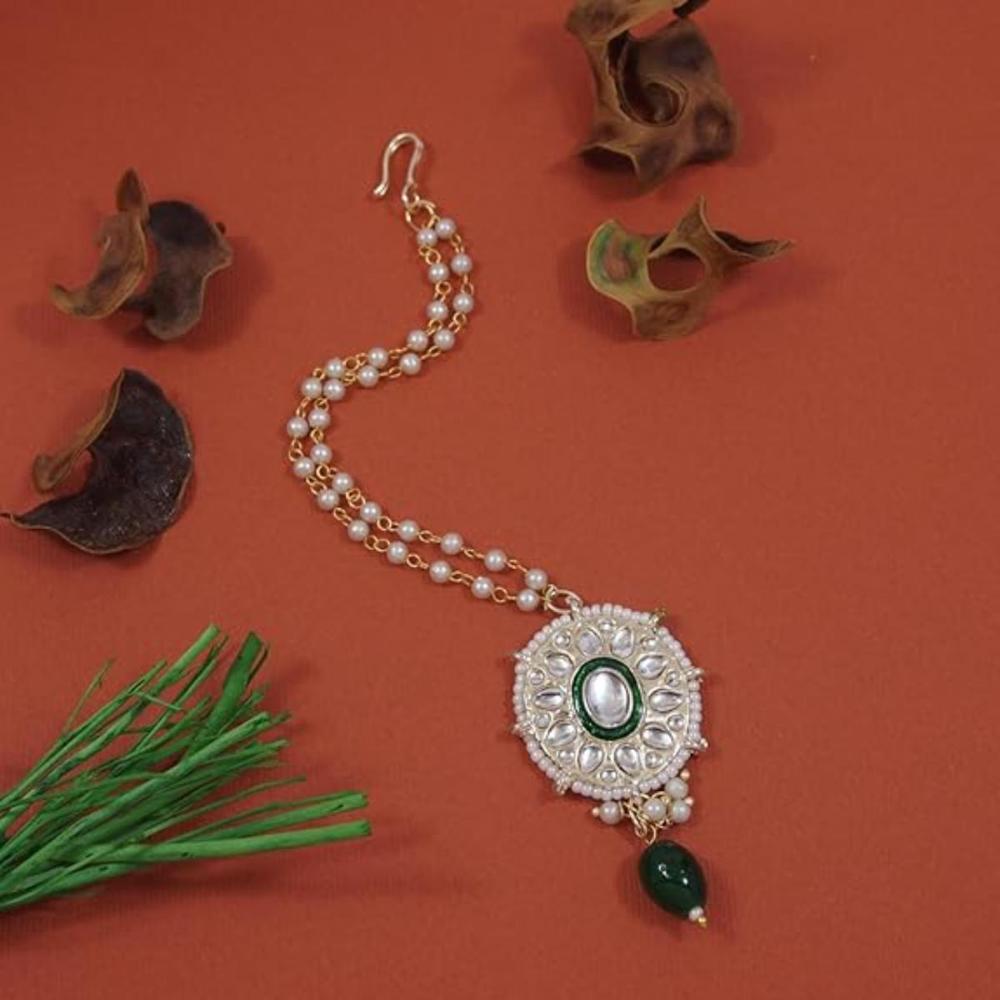 Etnico Gold Plated Traditional Kundan & Pearl Maang Tikka For Women (T2142G)