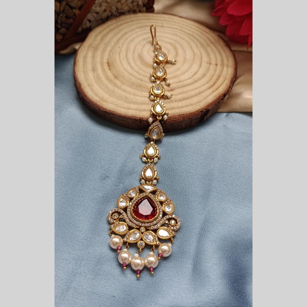 Arham Gold Plated Polki Kundan And Pearl Beads Maangtikka