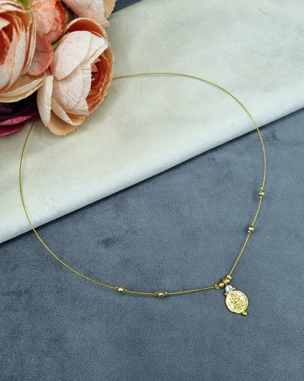 LAFZ Invisible Wire Lakshmi Coin Pendant Necklace with Gold Bead Accents - TM599