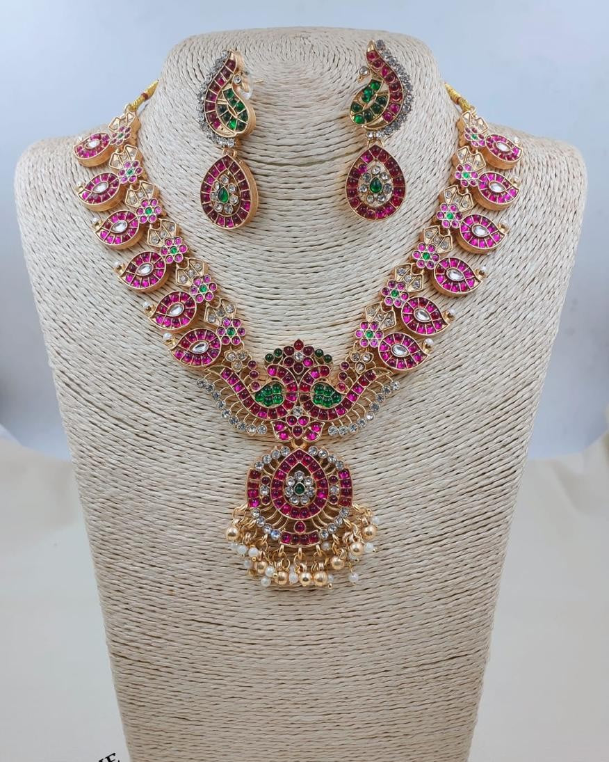 LAFZ Traditional Ruby & Emerald Peacock Motif Medium Necklace Set with Earrings - TM607