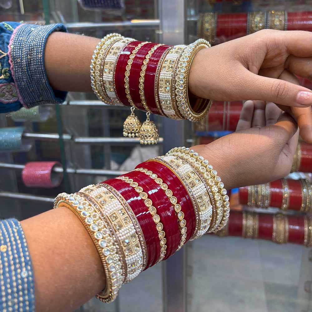 Wedding Chuda Gold Plated Crystal And Pearl Bridal Bangles Set