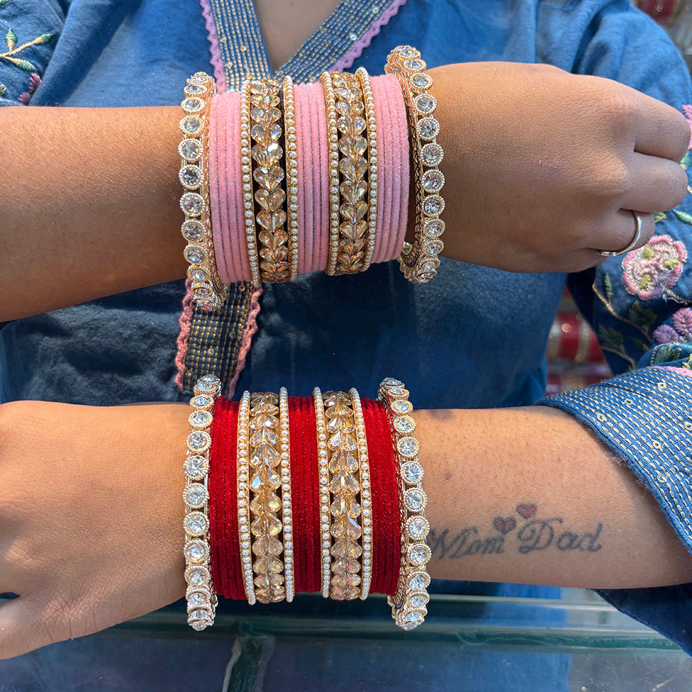 Wedding Chuda Gold Plated Crystal And Pearl Velvet Bangles Set
