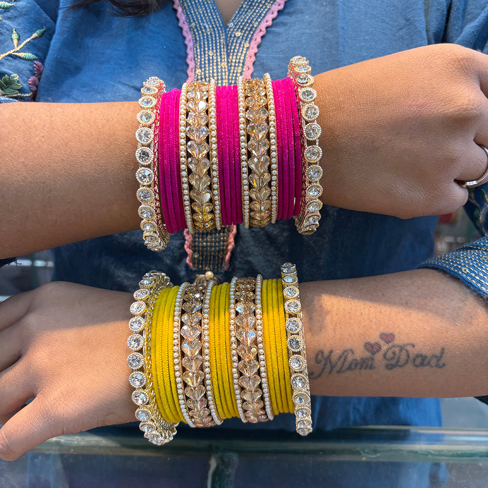 Wedding Chuda Gold Plated Crystal And Pearl Velvet Bangles Set