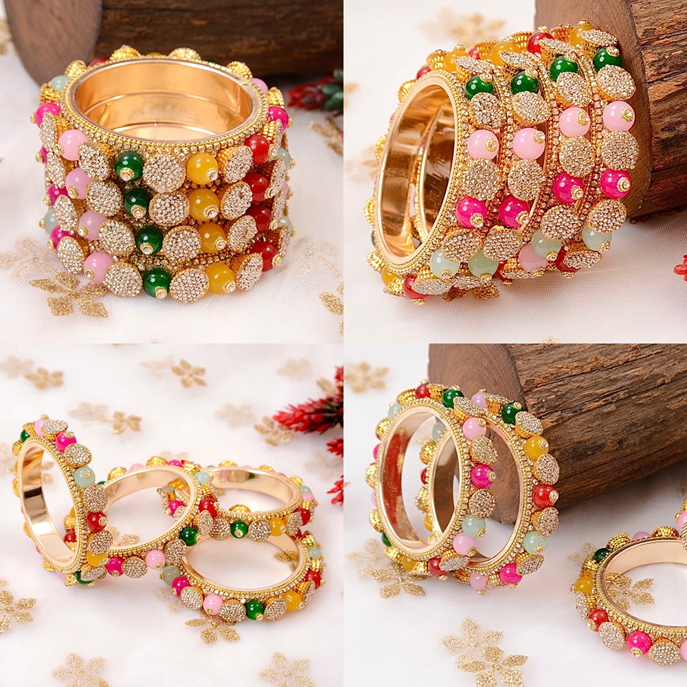 Wedding Chuda Gold Plated Austrian Stone And Pearl Bangles Set