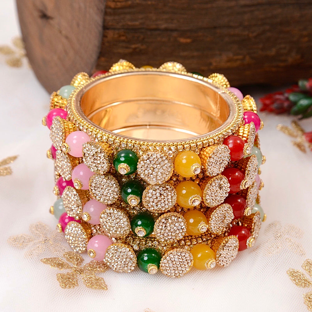 Wedding Chuda Gold Plated Austrian Stone And Pearl Bangles Set