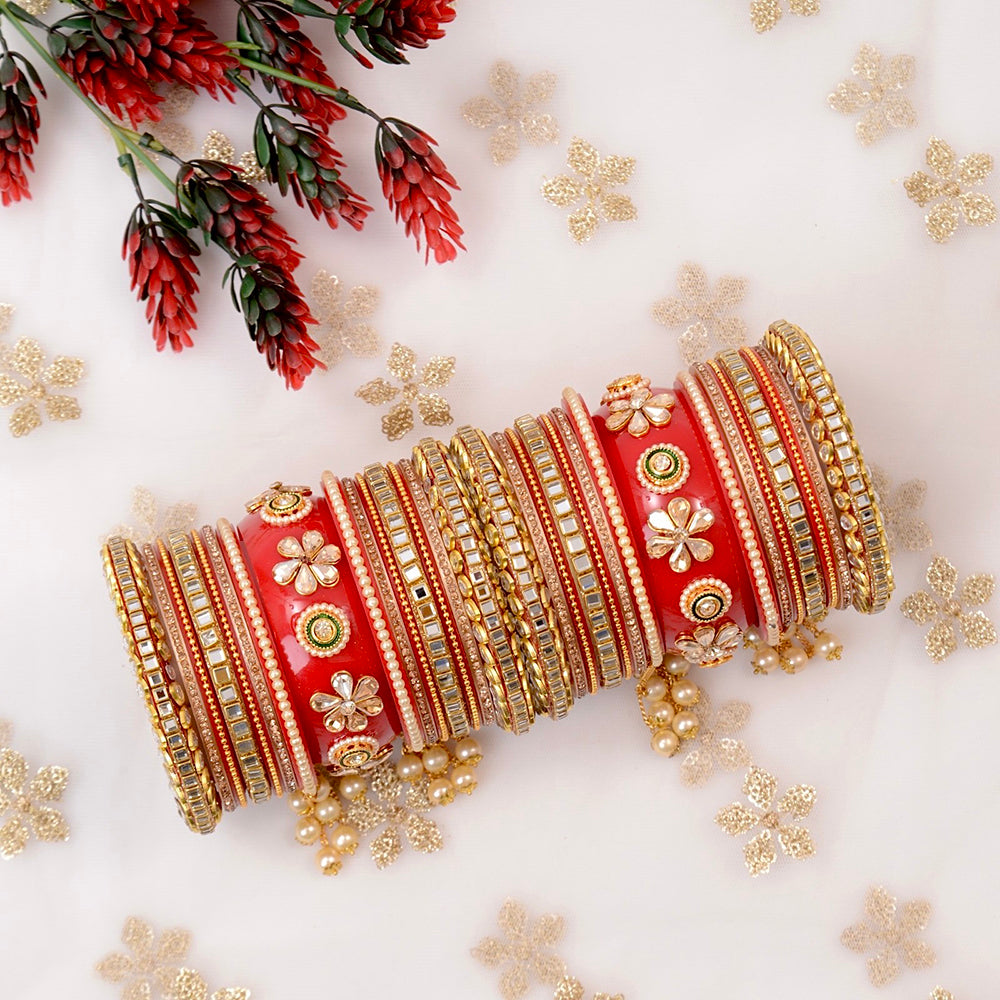 Wedding Chuda Gold Plated Crystal And Pearl Mirror Acrylic Bangles Set