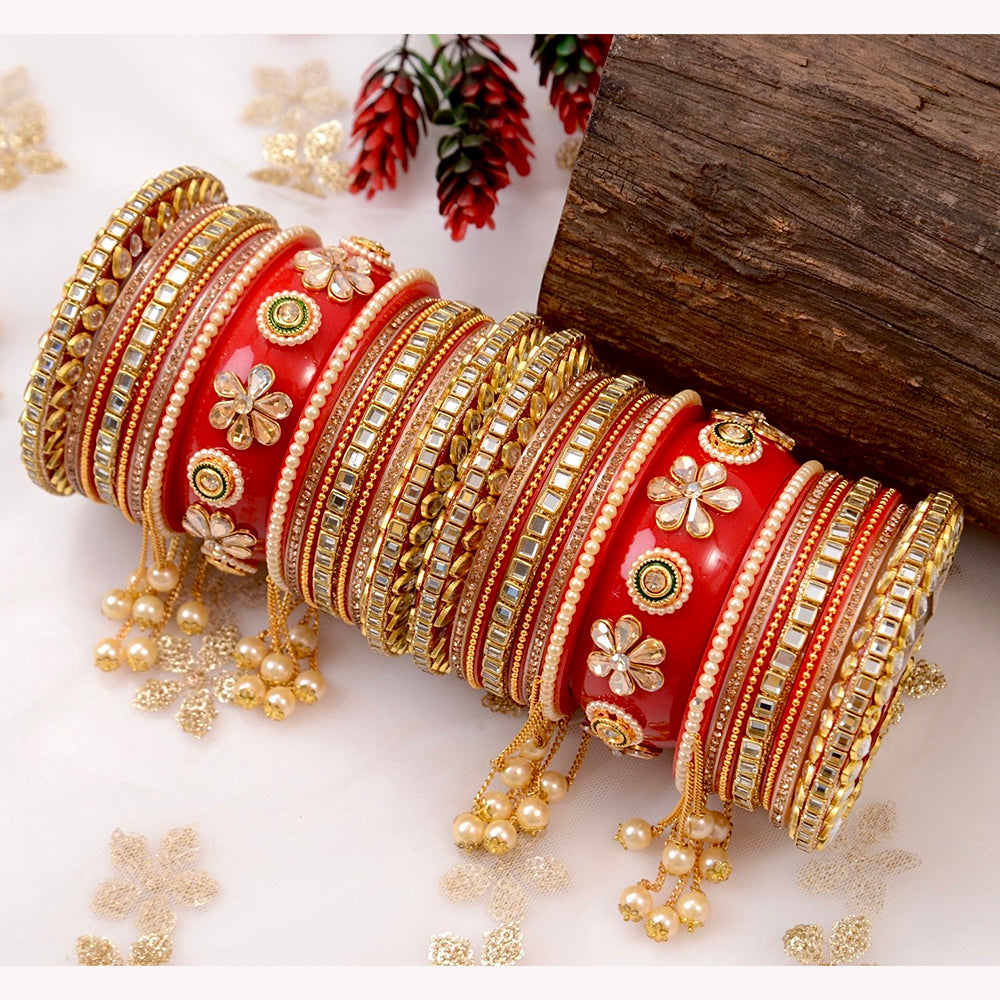 Wedding Chuda Gold Plated Crystal And Pearl Mirror Acrylic Bangles Set