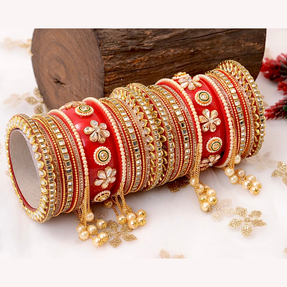 Wedding Chuda Gold Plated Crystal And Pearl Mirror Acrylic Bangles Set
